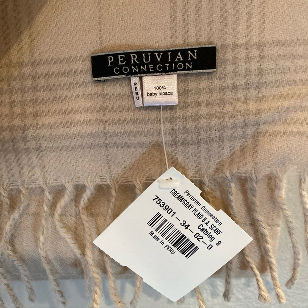 NWT Peruvian Connection Scarf Cream/Gray Plaid‎ 100 % Baby Alpaca 12x66”